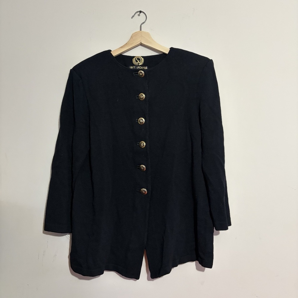 Vntg St Johns Santana Knit Longline Cardigan Black Sz Large Granny Chic Luxury
